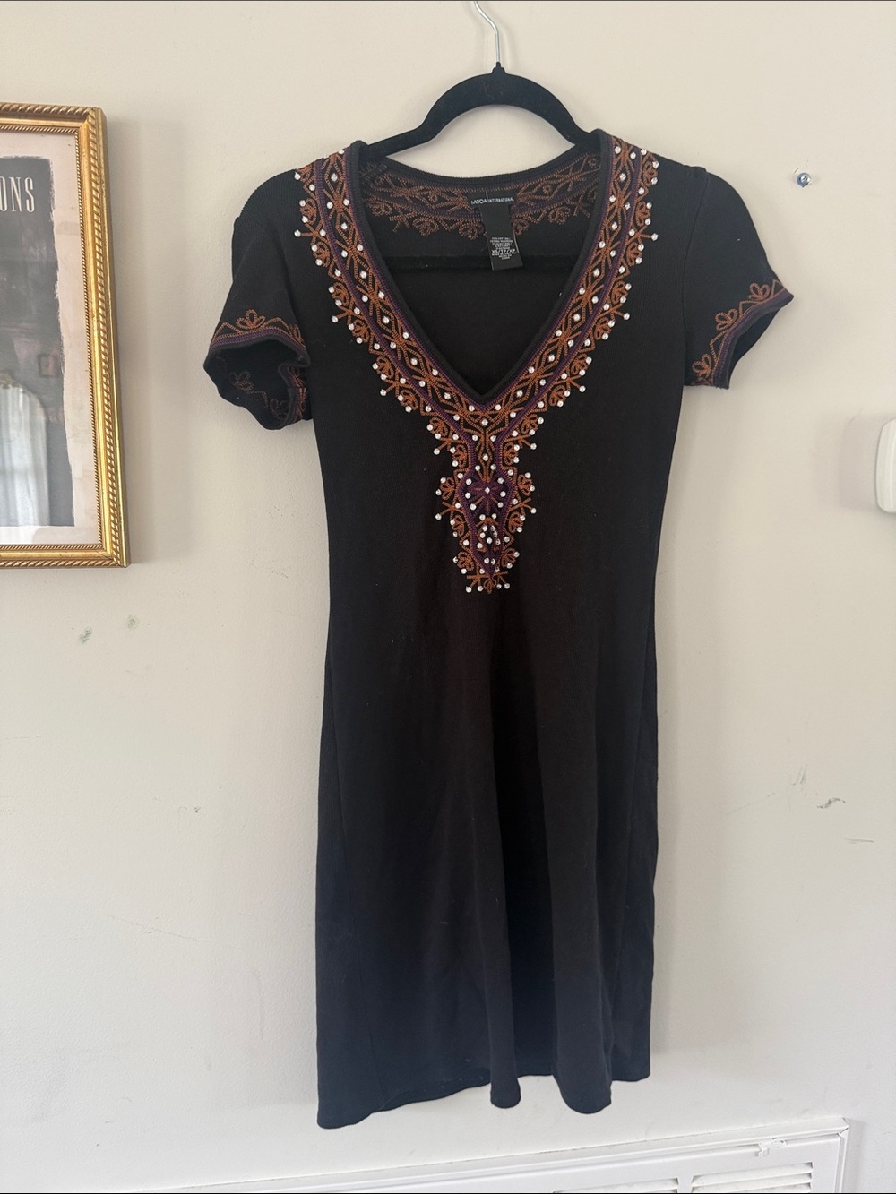 Moda International Black Mini Dress with Brown & Purple Embroidery